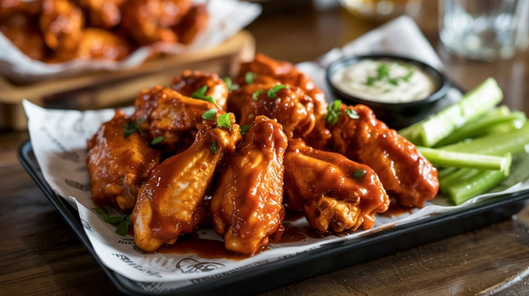 Close-up of a platter of saucy buffalo chicken wings garnished with green herbs, accompanied by celery sticks and a cup of creamy dipping sauce.