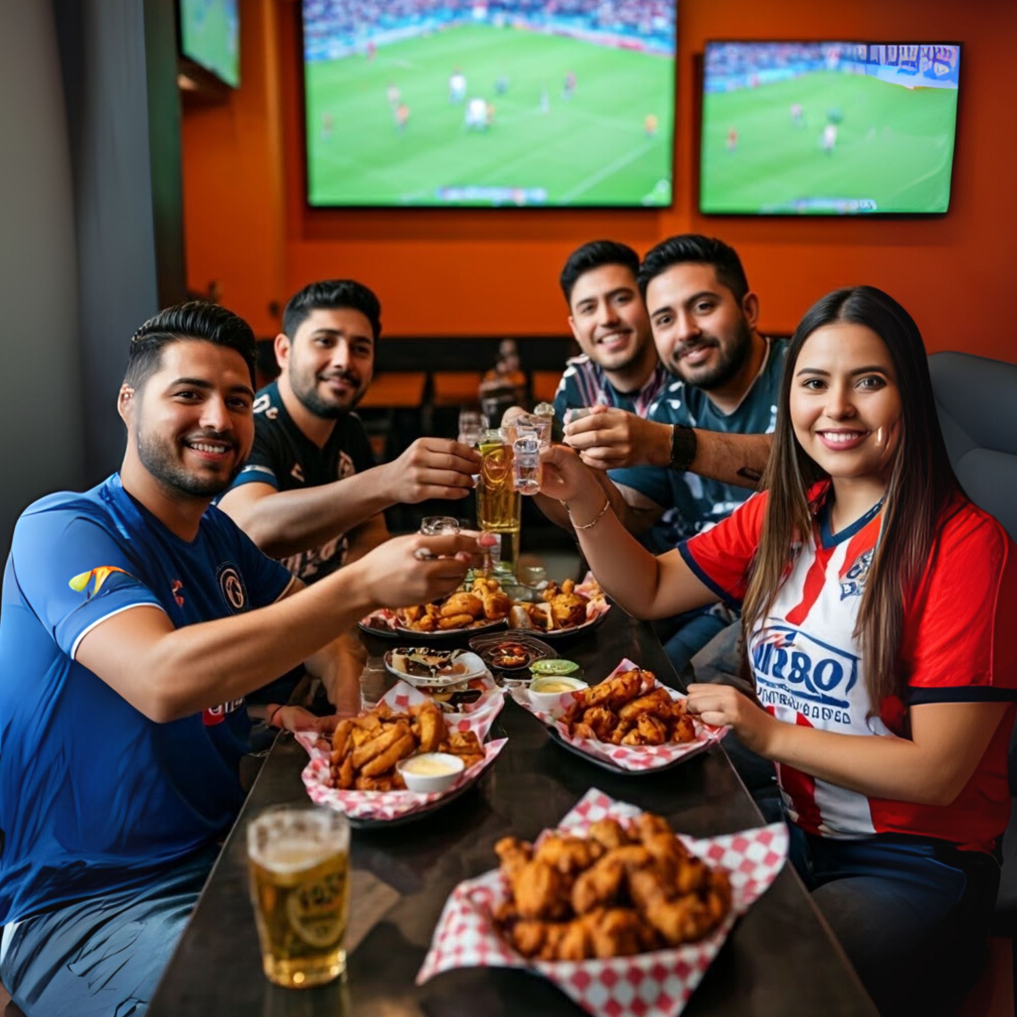 A group of friends in sports jerseys cheer with drinks in restaurants and bars in franklin tn at a table full of fried food. Two large screens display a soccer game in the background.