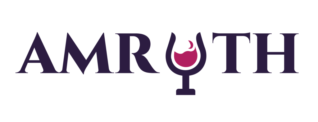 The image shows the word "AMRUTH" in bold, purple letters on a black background. The "U" is uniquely designed as a wine glass with a red liquid.