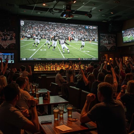 A lively sports bars in franklin tn with a crowd cheering, watching a football game on a large screen. People have raised arms and drinks, creating an excited atmosphere.