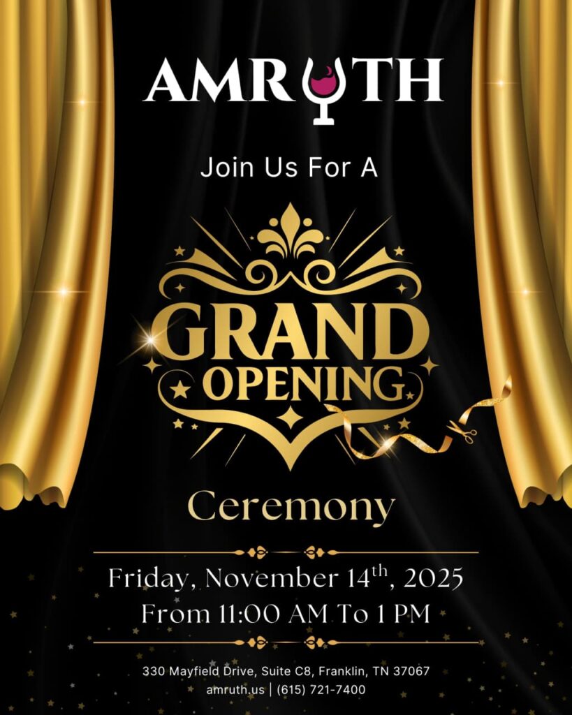 Grand opening invitation for "Amruth" on November 14th, 2025, from 11 AM to 1 PM. Features elegant gold drapes, decorative patterns, and a festive tone.