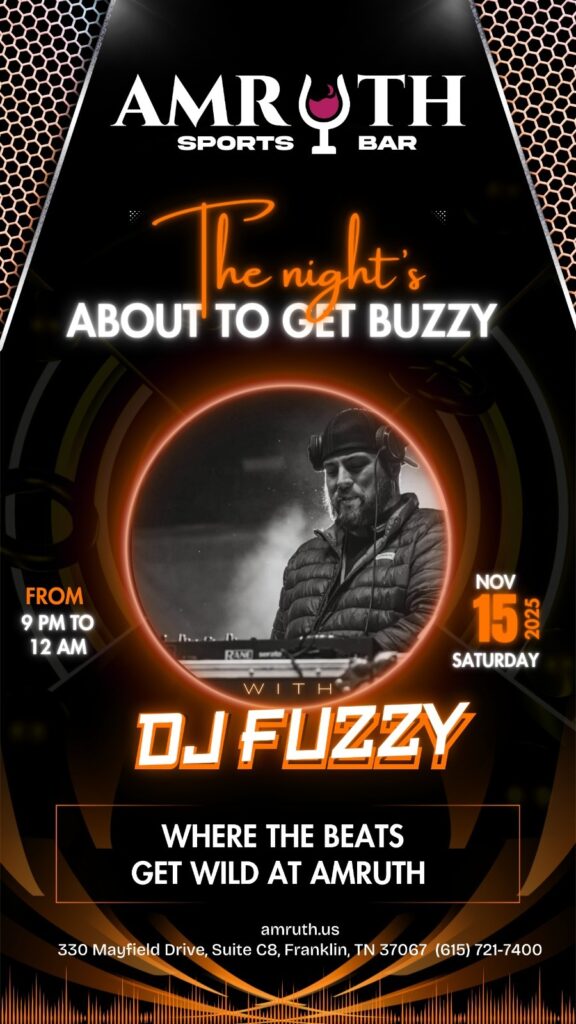 Poster for Amruth Sports Bar event featuring DJ Fuzzy on Saturday, Nov 15, 2025, from 9 PM to 12 AM, with event address and contact details included.
